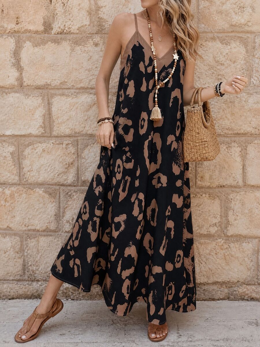 Vestido Longo Estampa de Leopardo com Costas Abertas - La Lecce