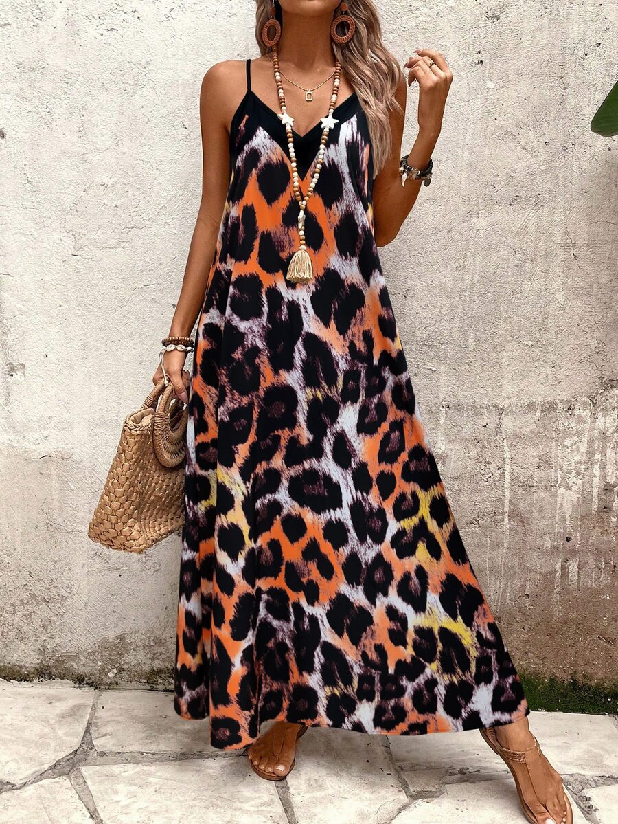 Vestido Longo Estampa de Leopardo com Costas Abertas - La Lecce