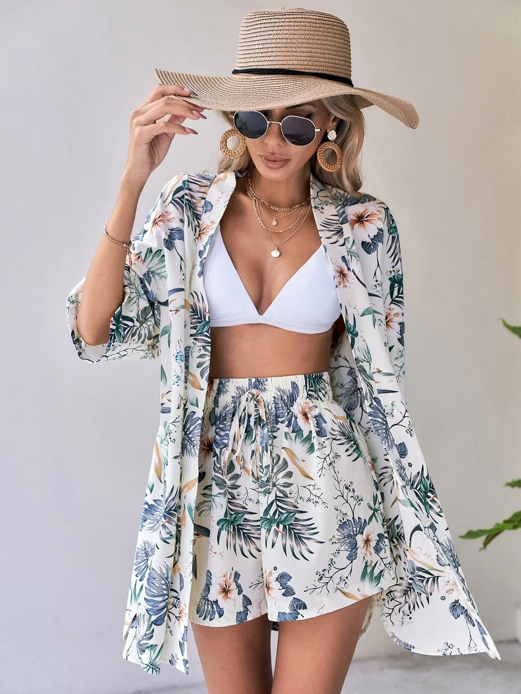 Conjunto 2 Peças Blusa Tropical Gola de Xale - imagem 1