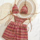 Conjunto de Biquíni Boho com Capa de Crochê 3 Peças