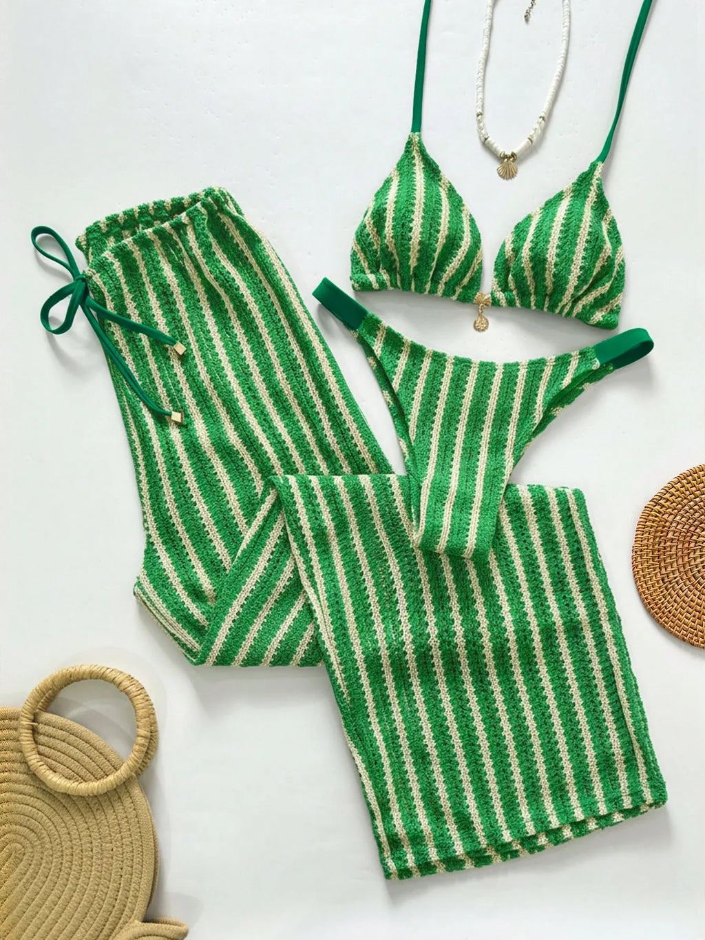Conjunto de Biquíni Triangular com Top Longo 3 Peças