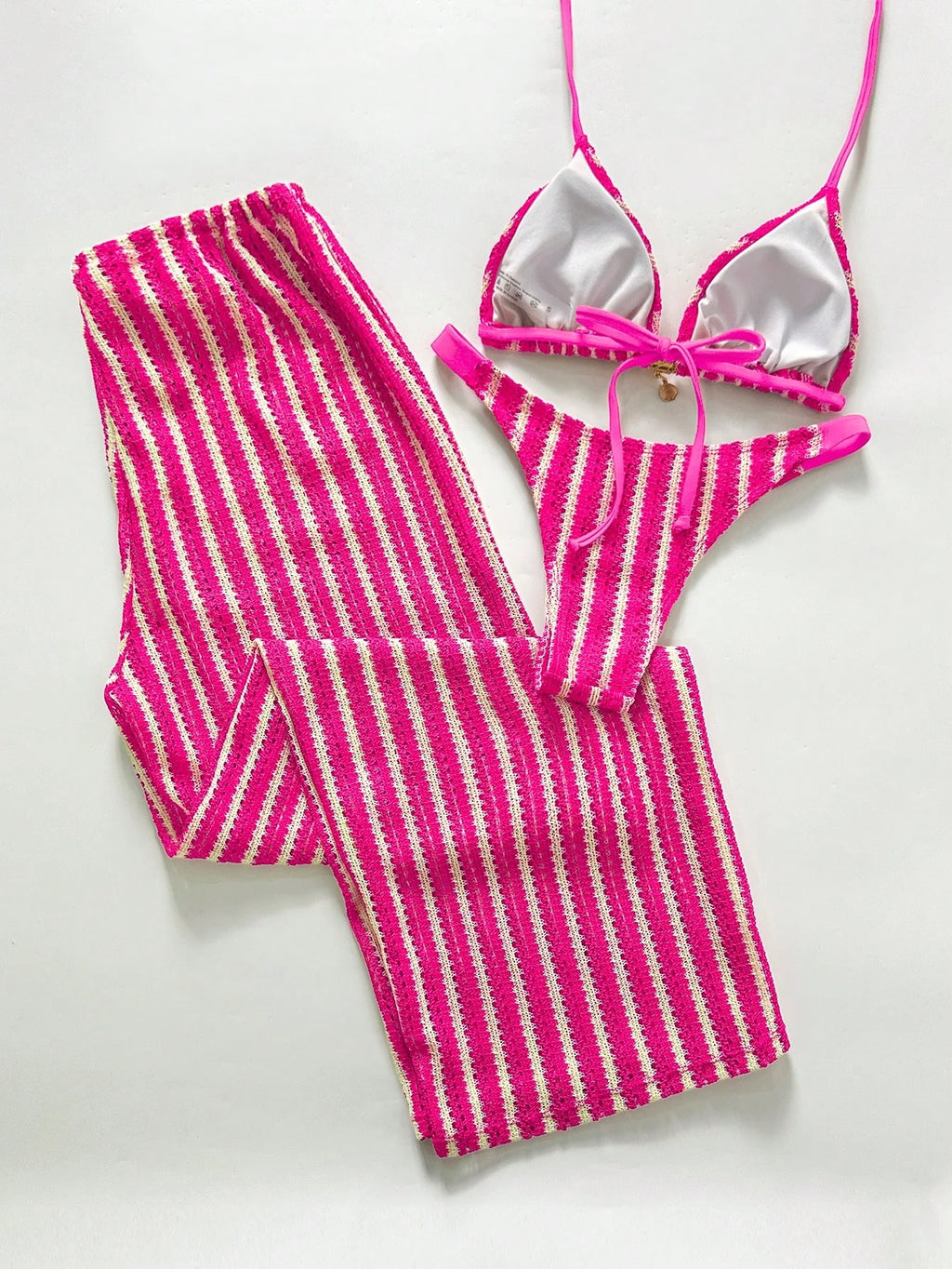 Conjunto de Biquíni Triangular com Top Longo 3 Peças