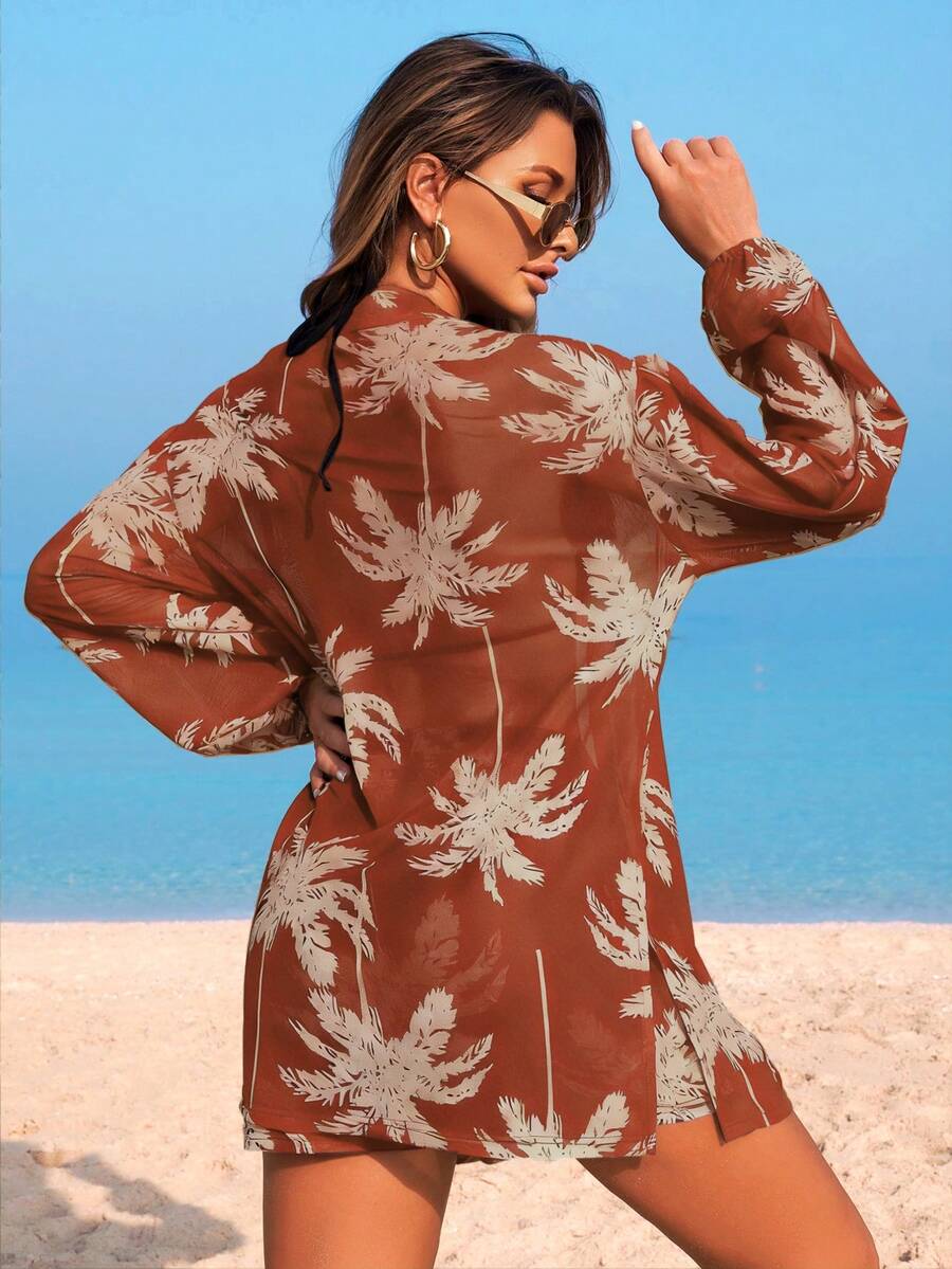Conjunto de Praia 3 Peças com Kimono de Tela e Shorts Estampados