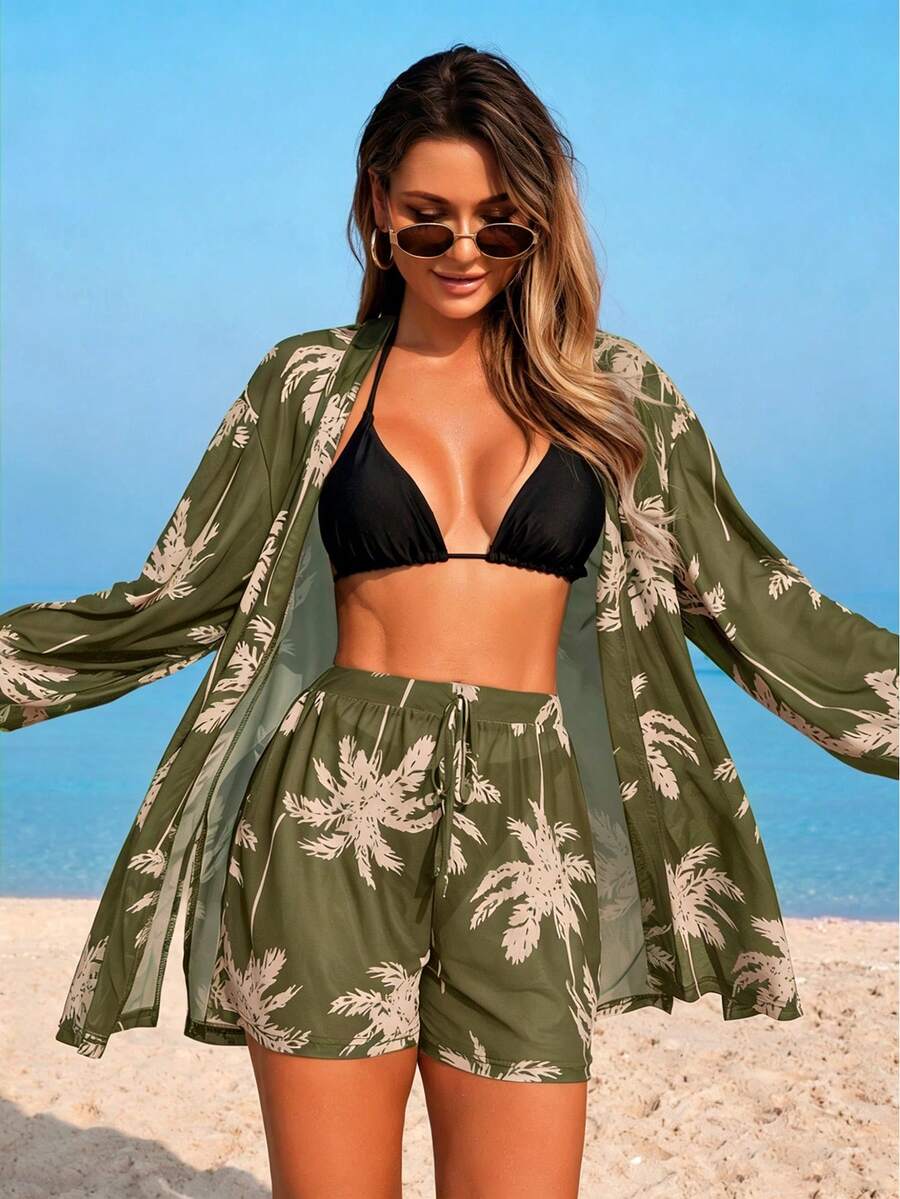 Conjunto de Praia 3 Peças com Kimono de Tela e Shorts Estampados