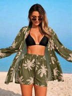 Conjunto de Praia 3 Peças com Kimono de Tela e Shorts Estampados