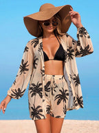 Conjunto de Praia 3 Peças com Kimono de Tela e Shorts Estampados