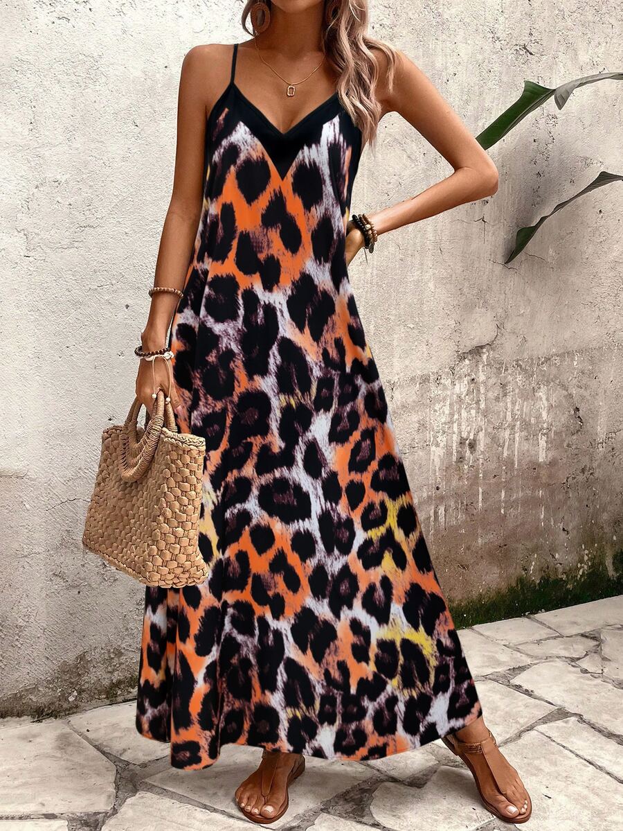 Vestido Longo Estampa de Leopardo com Costas Abertas - La Lecce