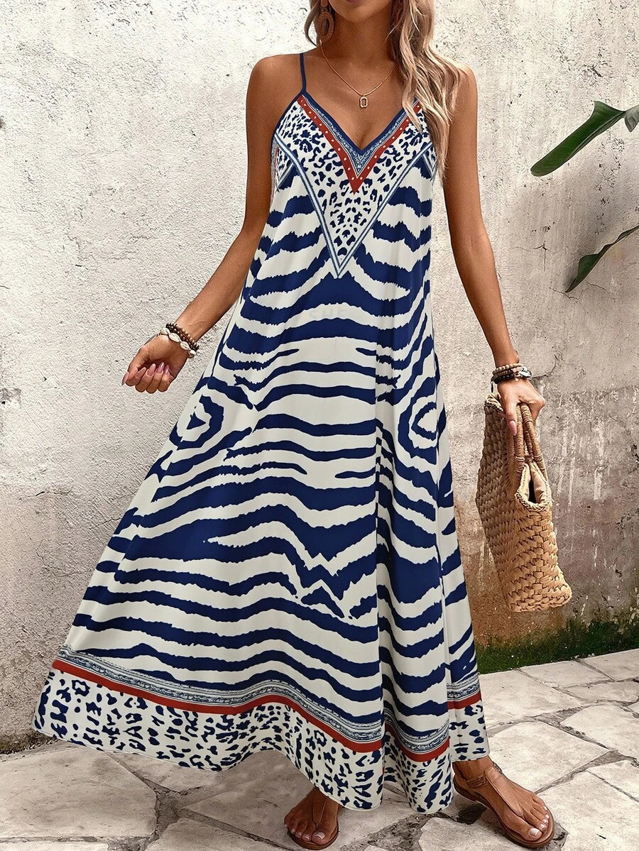 Vestido Longo Estampa de Onça com Alças Finas - La Lecce