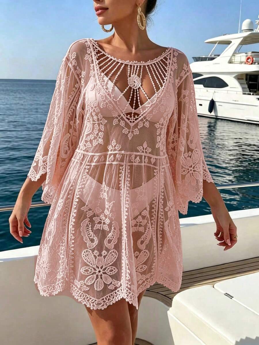 Saída de Praia Curta de Tule com Bordado Floral
