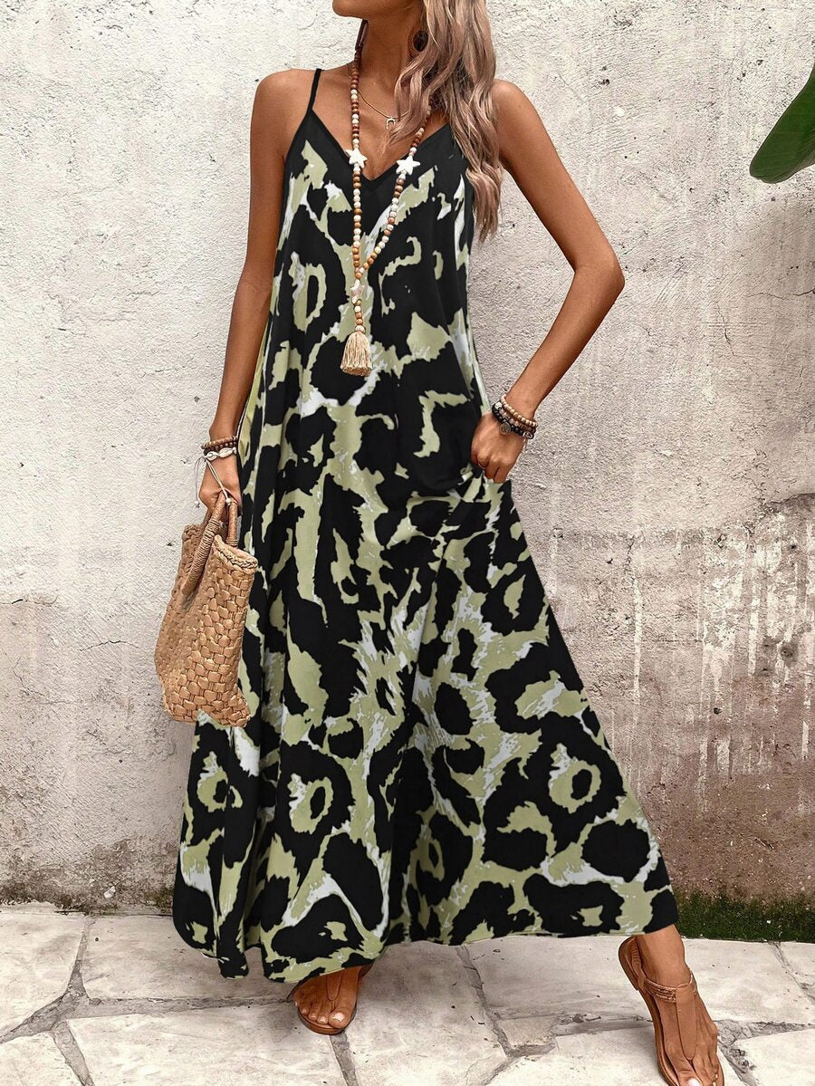Vestido Longo Estampa de Leopardo com Costas Abertas - La Lecce