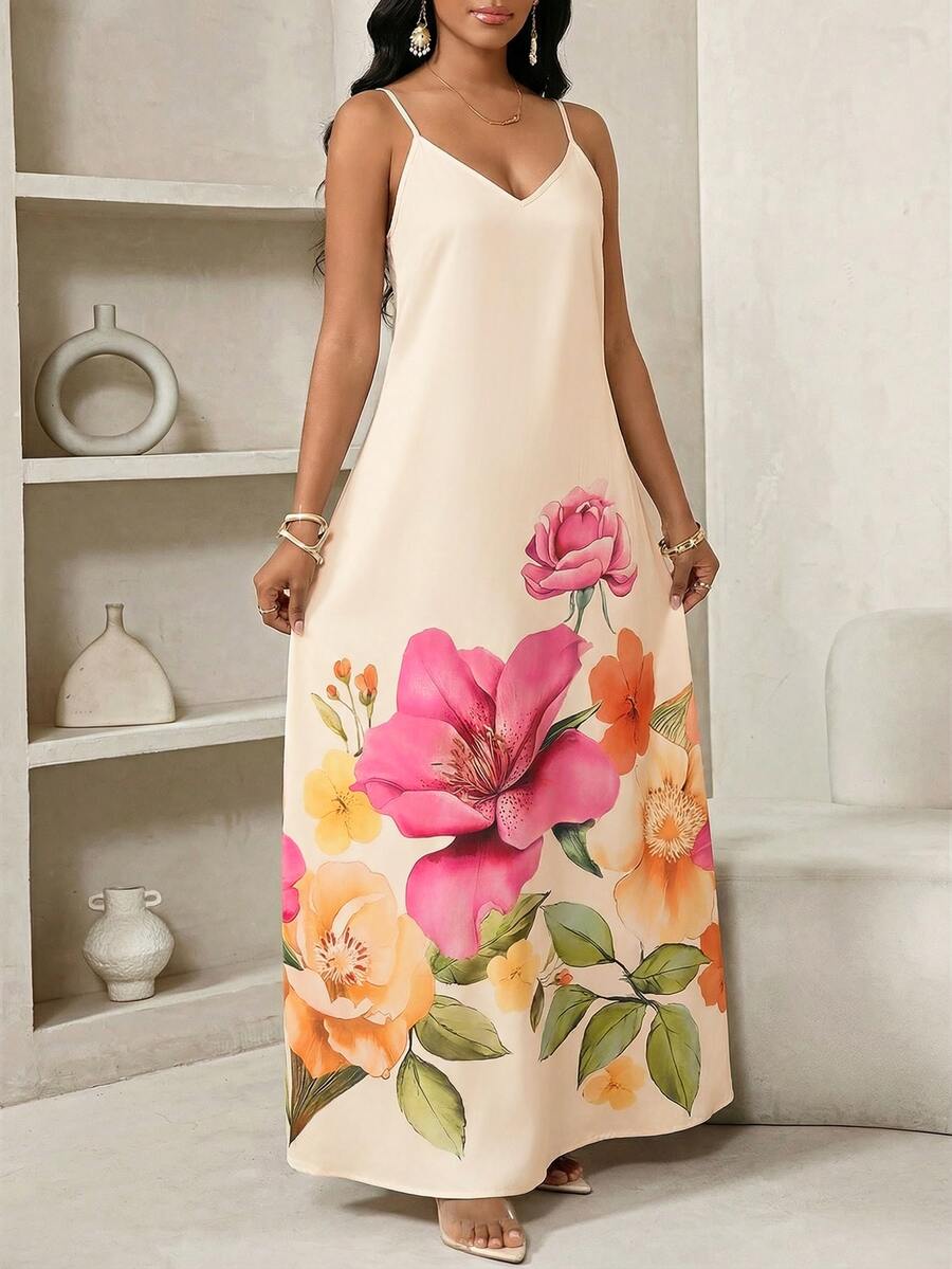 Vestido Longo Floral Decote V com Aplicação de Rosa 3D