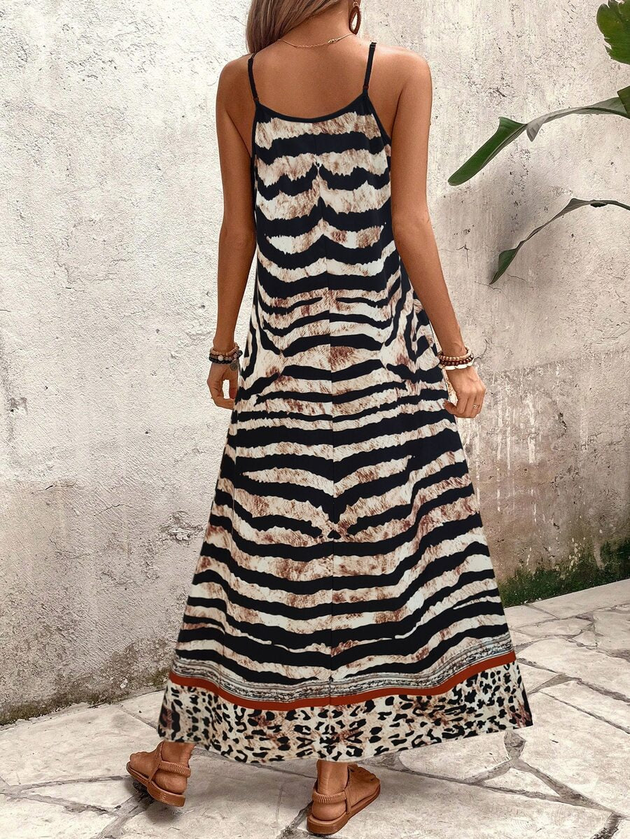 Vestido Longo Estampa de Onça com Alças Finas