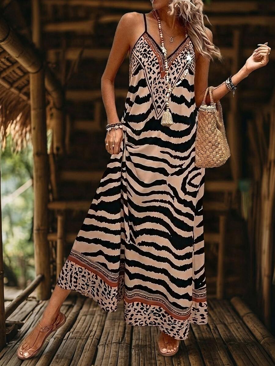 Vestido Longo Estampa de Onça com Alças Finas - La Lecce