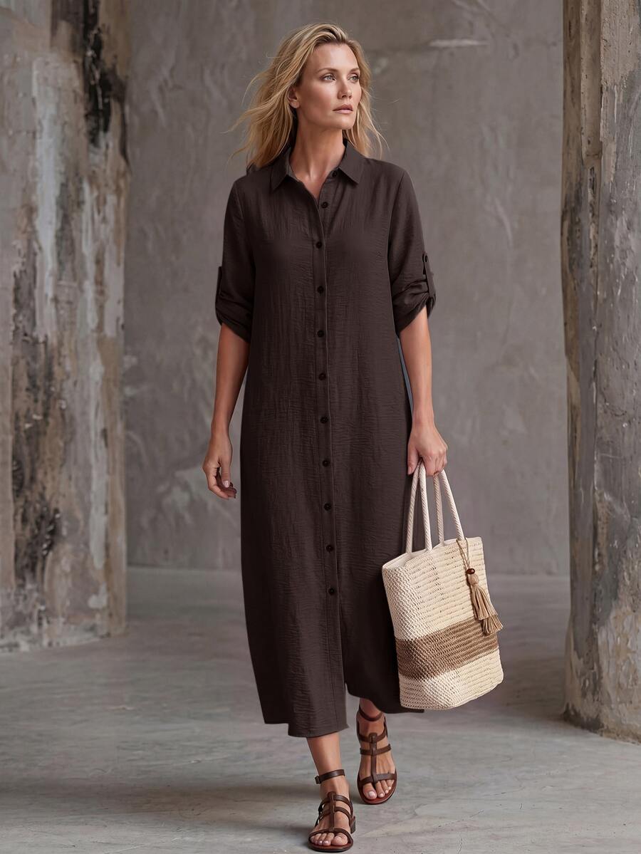 Vestido Saída de Praia Chemise Midi com Botões e Manga Dobrável - La Lecce