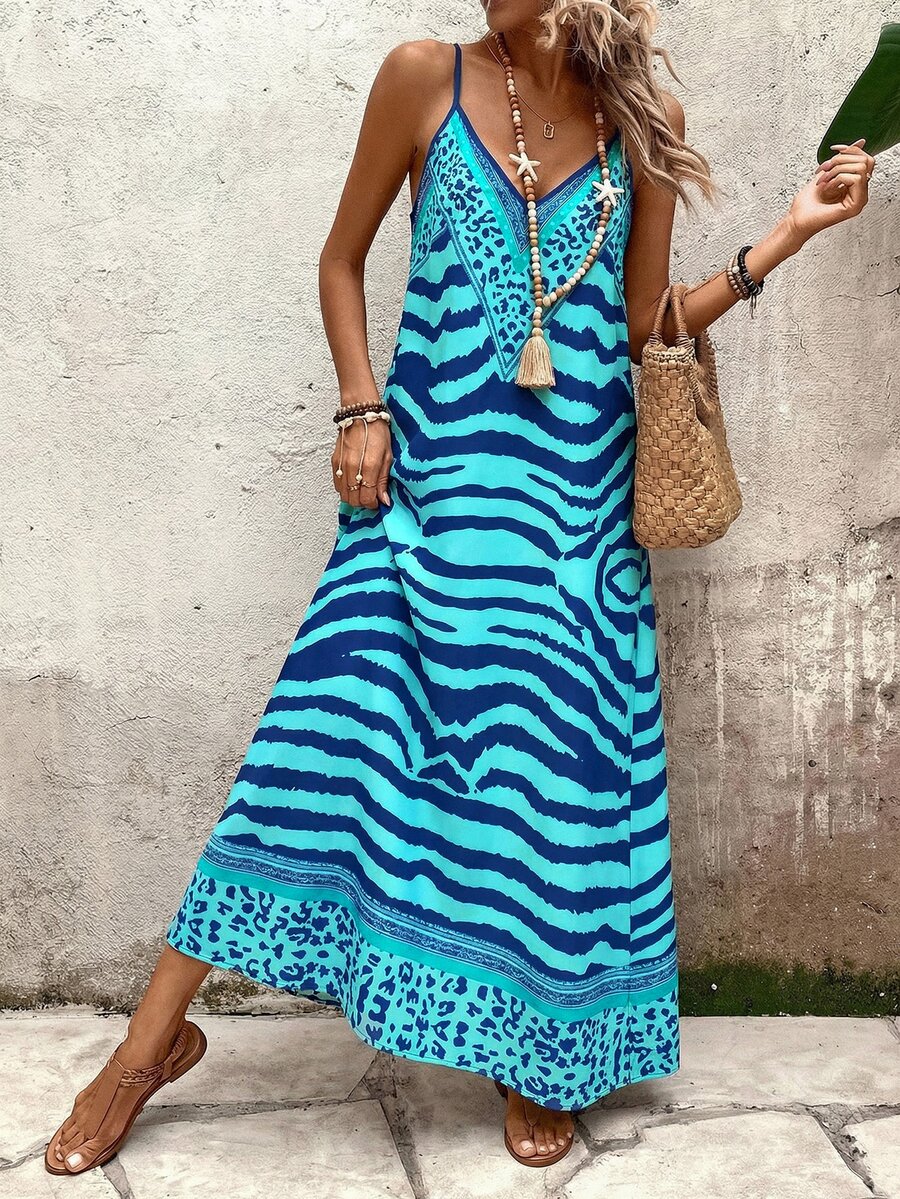 Vestido Longo Estampa de Onça com Alças Finas