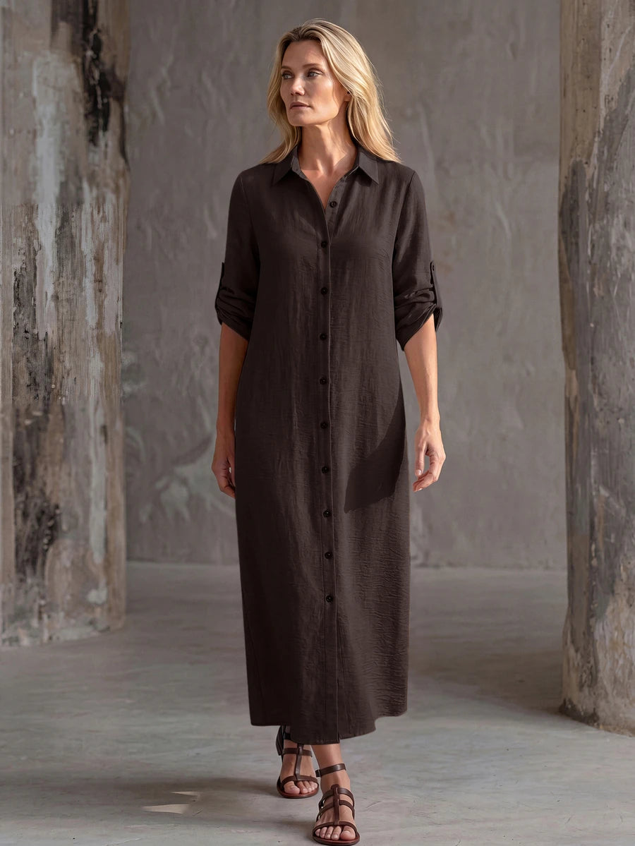 Vestido Saída de Praia Chemise Midi com Botões e Manga Dobrável - La Lecce