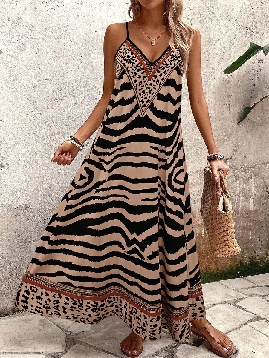 Vestido Longo Estampa de Onça com Alças Finas - La Lecce