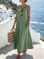 Vestido Longo Boho Sem Mangas com Decote V e Recorte Contrastante - La Lecce
