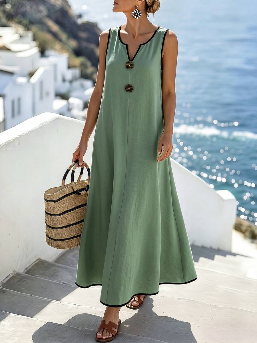 Vestido Longo Boho Sem Mangas com Decote V e Recorte Contrastante - La Lecce