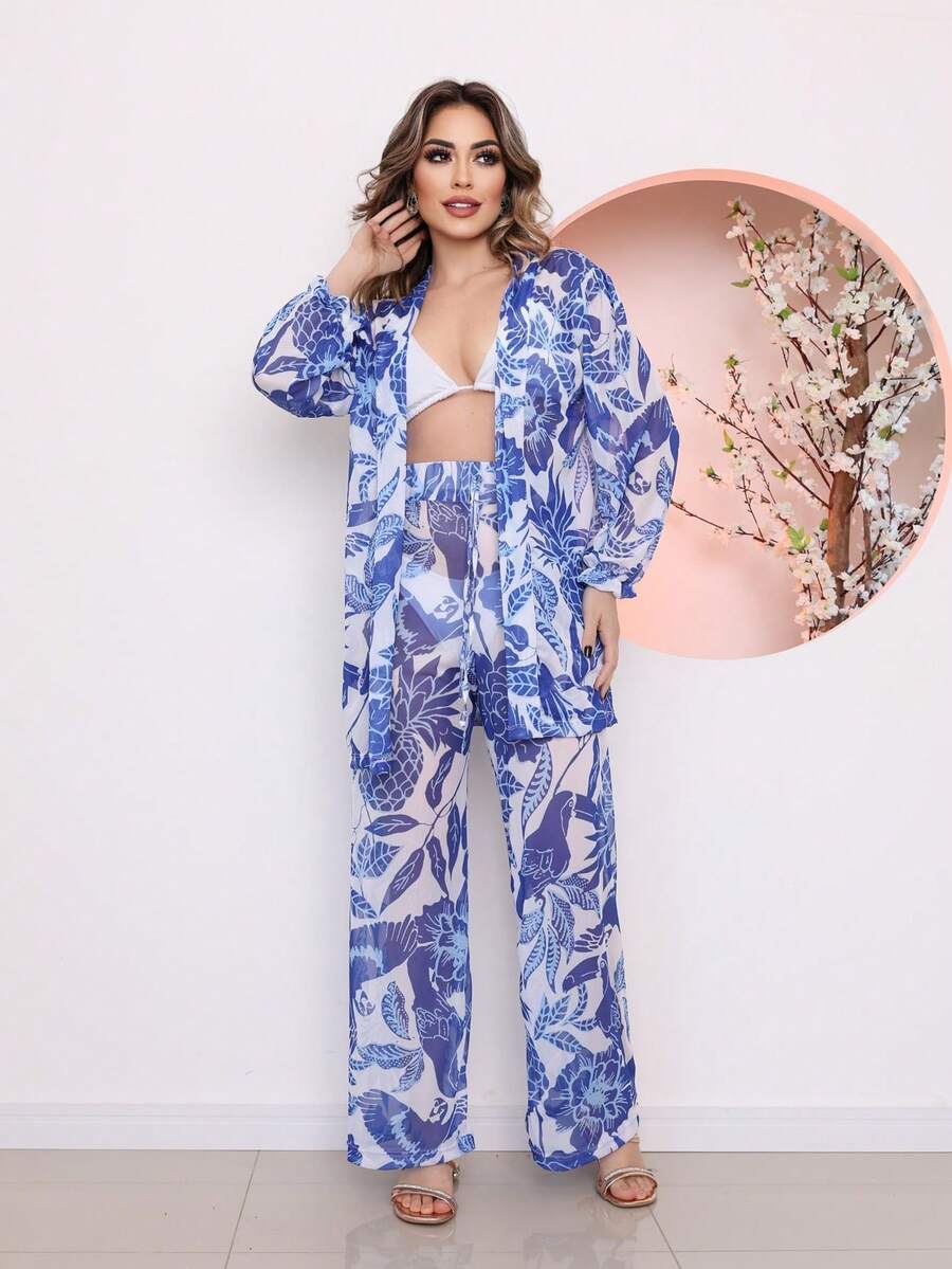 Conjunto Camisa e Calça de Tule Estampado - detalhe