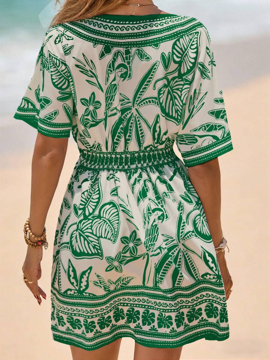 Vestido Curto de Praia com Decote V e Cintura Marcada - detalhe