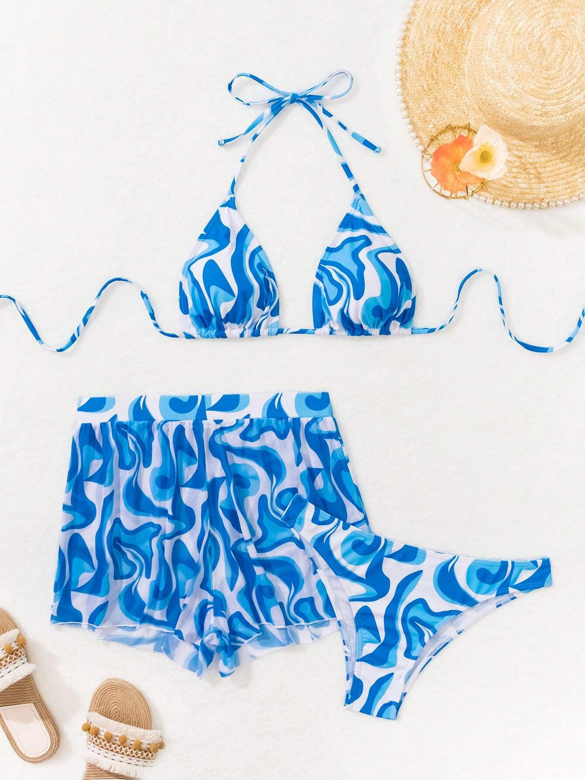Conjunto de Biquíni 3 Peças Halter Estampa Ondas