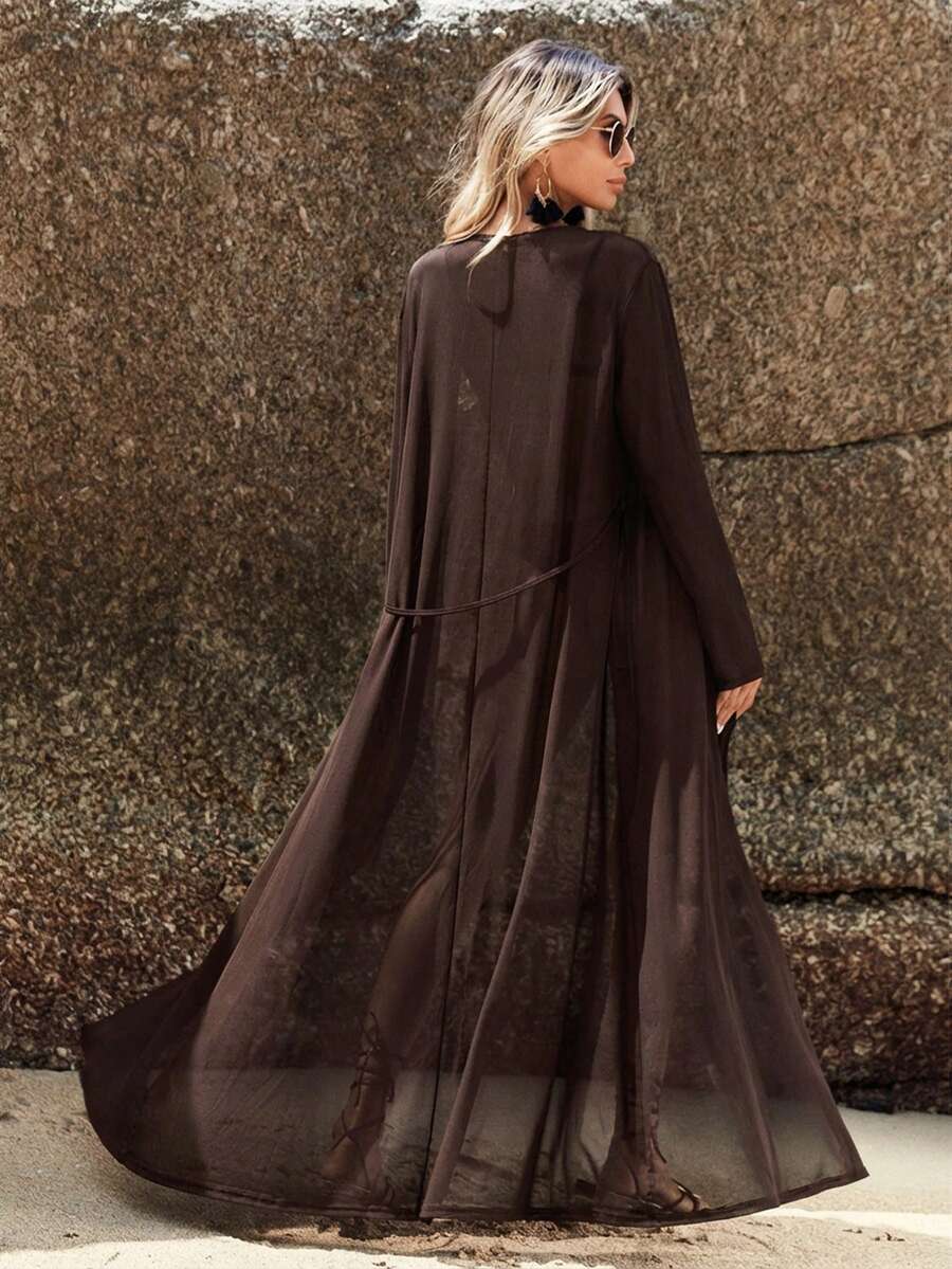 Kimono Longo Transparente com Manga Longa e Cinto