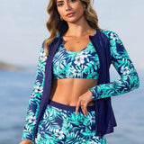 Conjunto de Praia 3 Peças com Estampa Tropical e Jaqueta com Proteção Solar