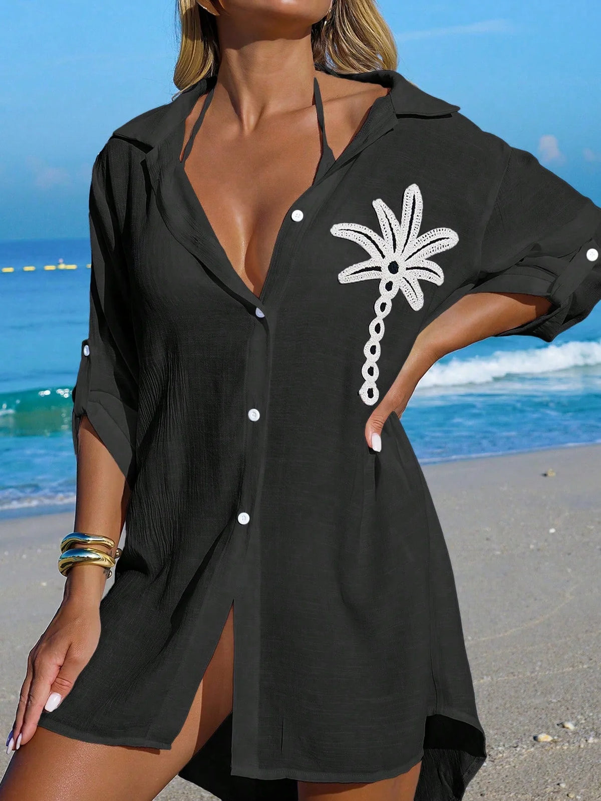 Saída de Praia Kimono Camisa Oversized com Botões - imagem 1