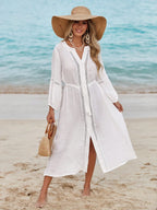 Saída de Praia Vestido Branco Manga Longa com Laço - imagem 1
