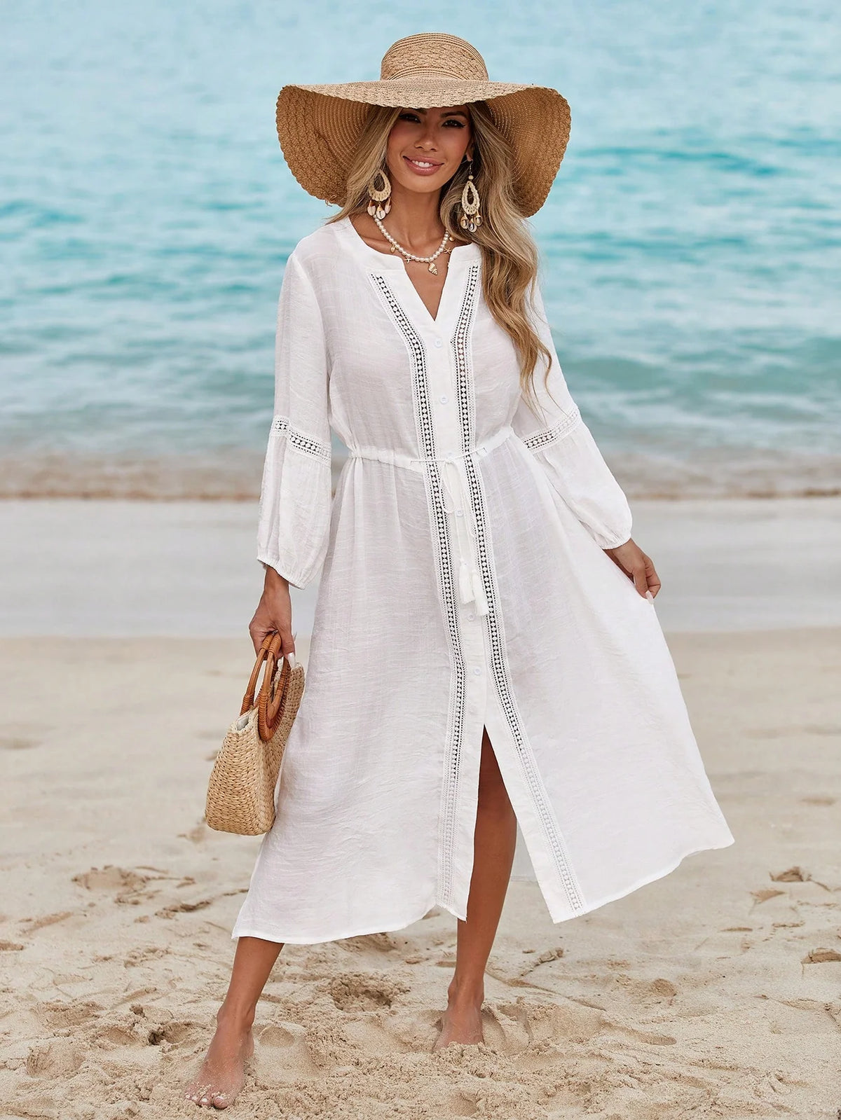 Saída de Praia Vestido Branco Manga Longa com Laço - imagem 1