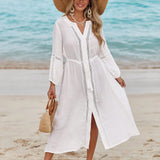 Saída de Praia Vestido Branco Manga Longa com Laço