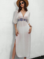Saída de Praia Vestido Crochê Manga Morcego Floral - La Lecce