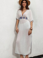 Saída de Praia Vestido Crochê Manga Morcego Floral - La Lecce