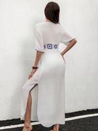 Saída de Praia Vestido Crochê Manga Morcego Floral - La Lecce