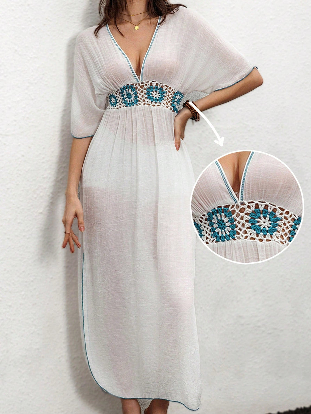 Saída de Praia Vestido Crochê Manga Morcego Floral - imagem 1