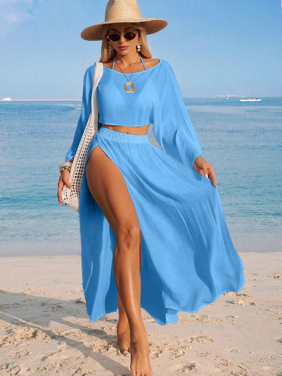 Conjunto de Praia 2 Peças com Cropped de Manga Longa e Saia com Fenda