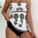 Tankini Bandeau com Estampa de Folhagem