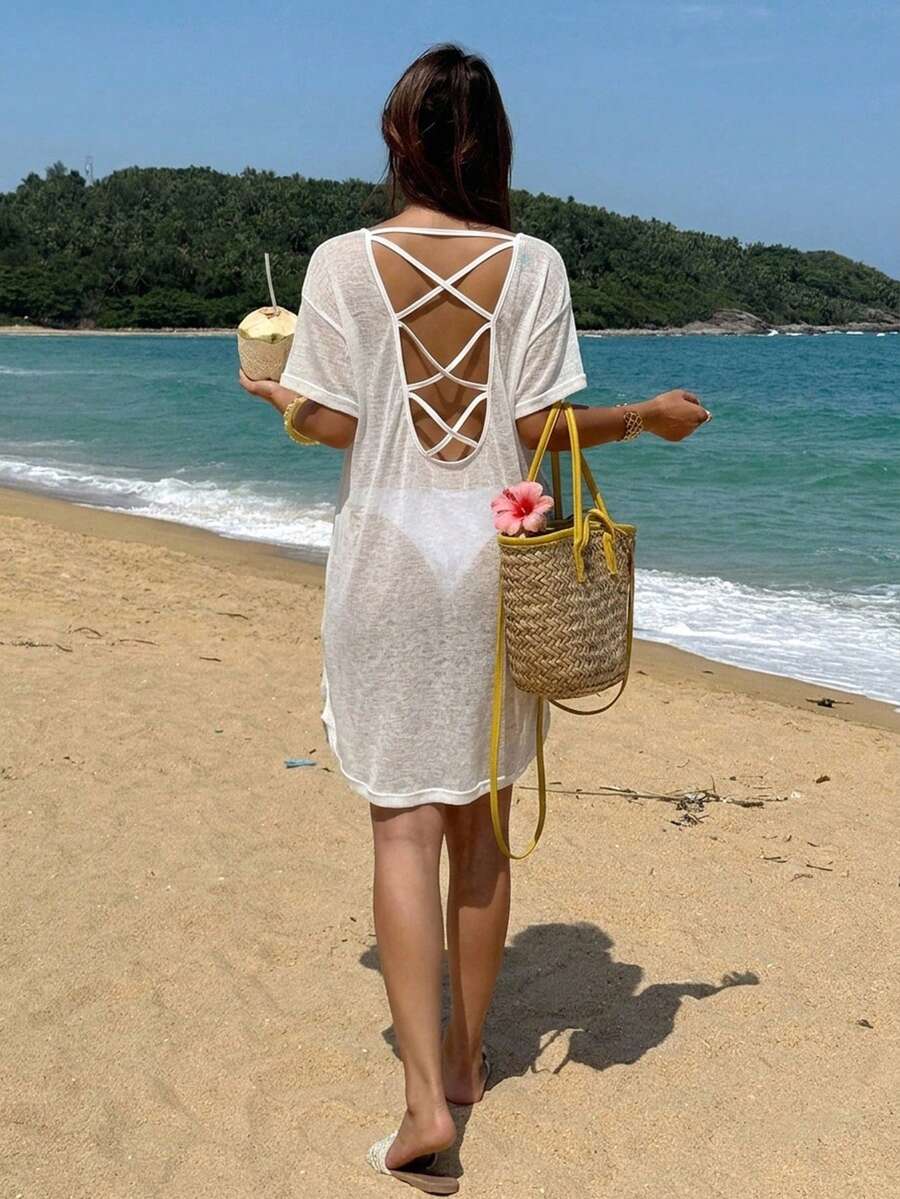 Vestido Saída de Praia Casual de Cor Sólida com Decote nas Costas - La Lecce