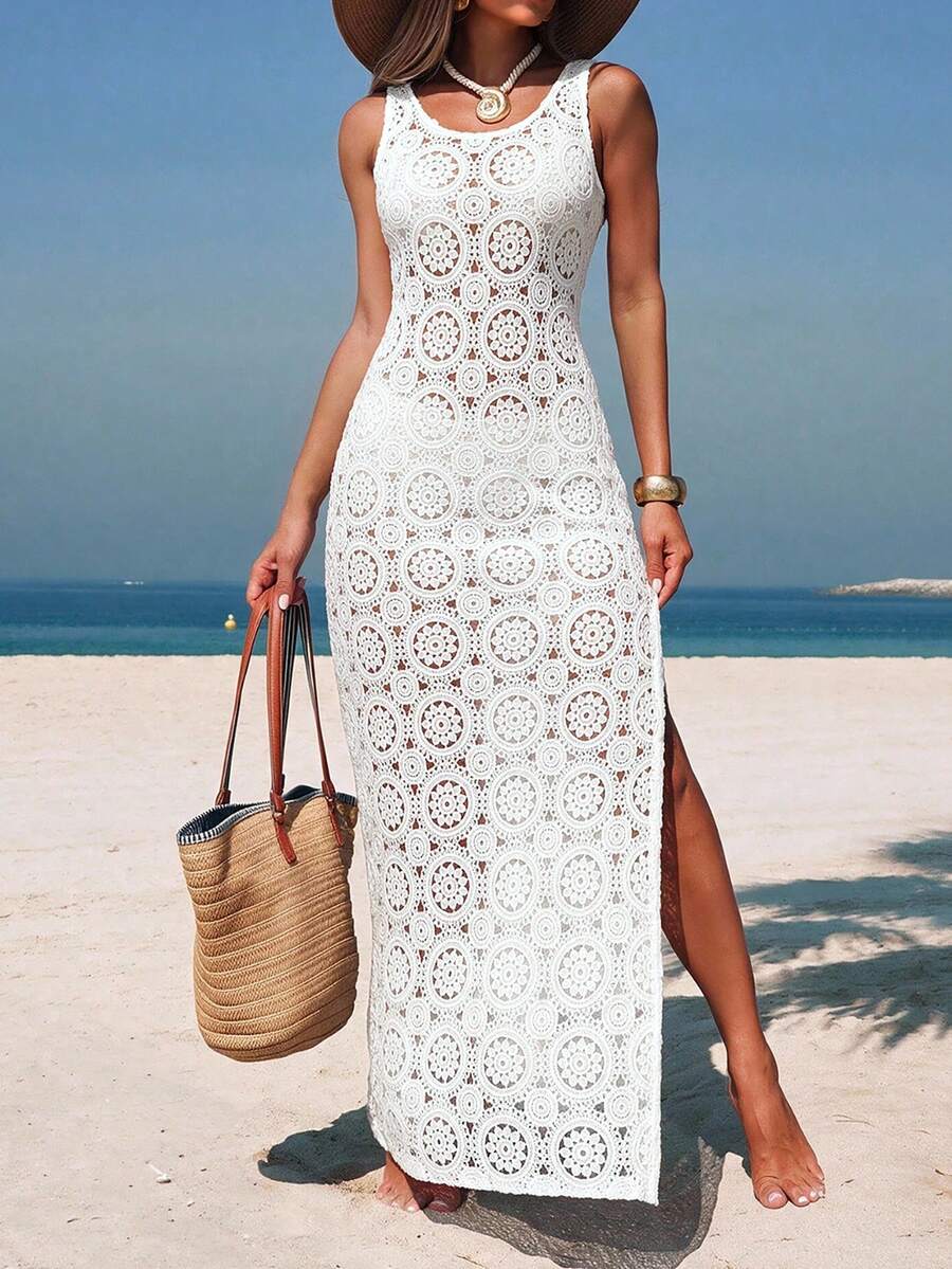 Vestido Saída de Praia em Renda Floral com Fenda - La Lecce