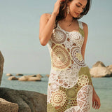 Vestido Saída de Praia Longo de Crochê Floral com Alças Finas