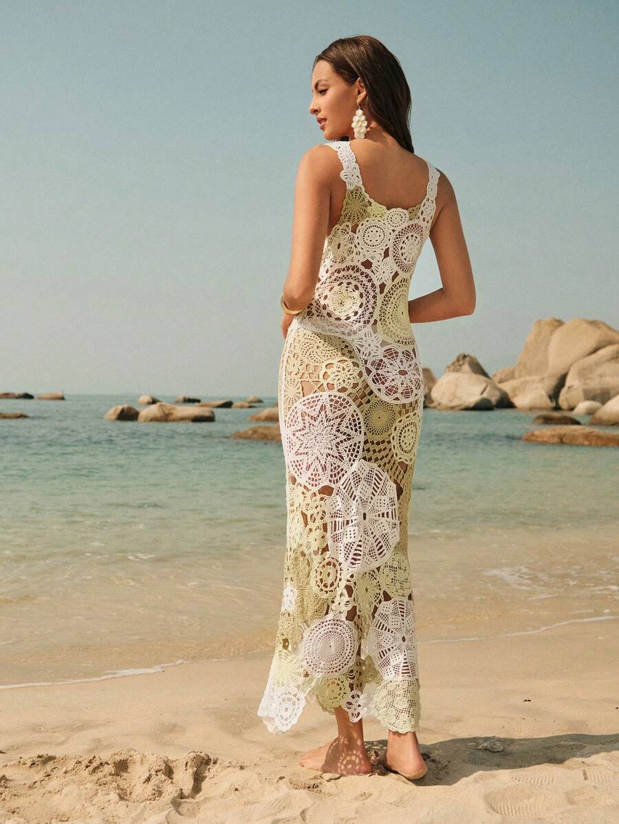 Vestido Saída de Praia Longo de Crochê Floral com Alças Finas - La Lecce
