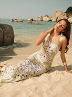 Vestido Saída de Praia Longo de Crochê Floral com Alças Finas - La Lecce